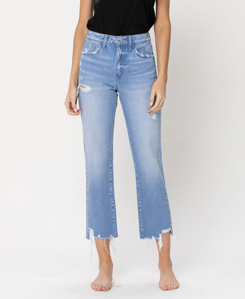 Front product images of Angie - High Rise Vintage Straight Denim Jeans Crop with Distressed Hem