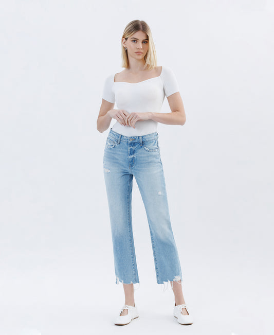 Front product images of Angie - High Rise Vintage Straight Denim Jeans Crop with Distressed Hem