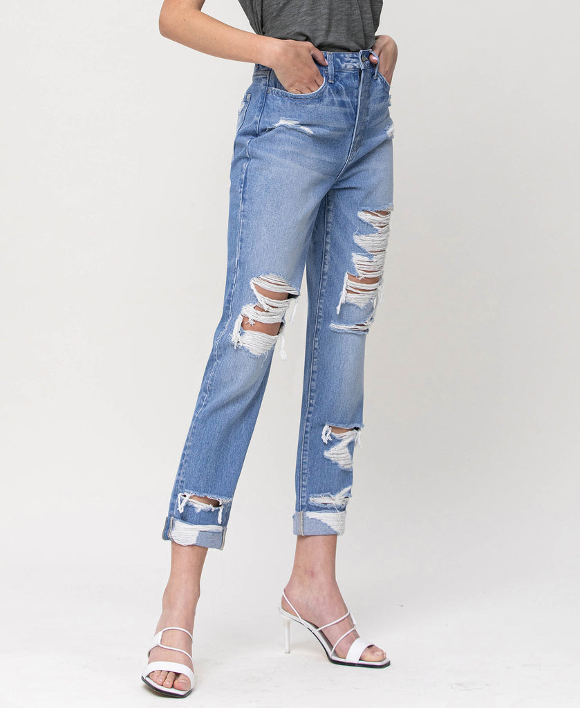 Right 45 degrees product image of Elastic Blue - Distressed 90's Vintage Rigid Boyfriend Jean