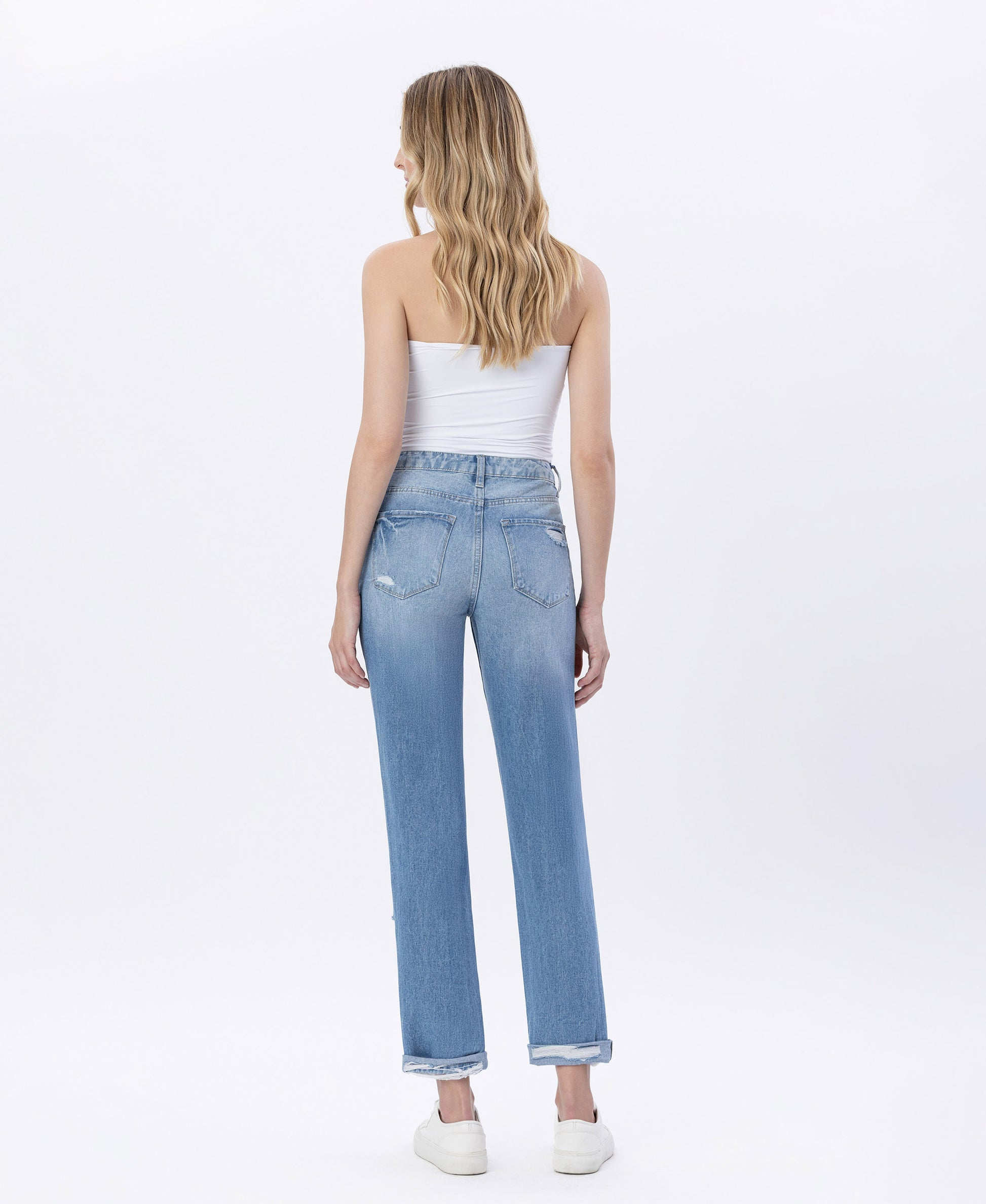Elastic Blue - Super High Rise Distressed Cuffed Mom Jeans