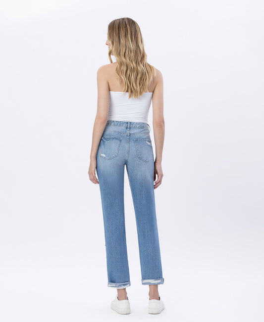Elastic Blue - Super High Rise Distressed Cuffed Mom Jeans