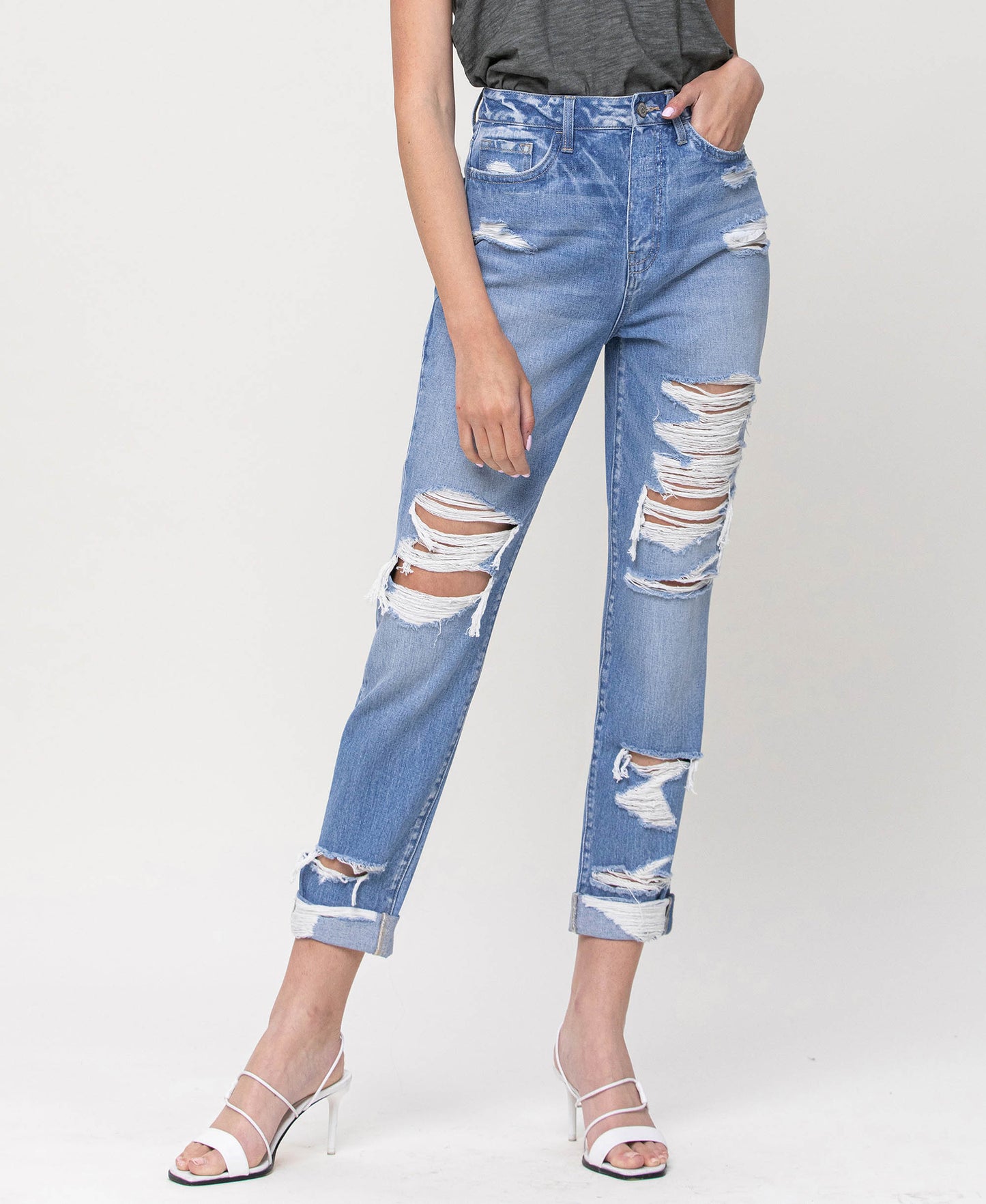 Front product images of Elastic Blue - Distressed 90's Vintage Rigid Boyfriend Jean