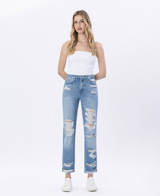 Elastic Blue - Super High Rise Distressed Cuffed Mom Jeans