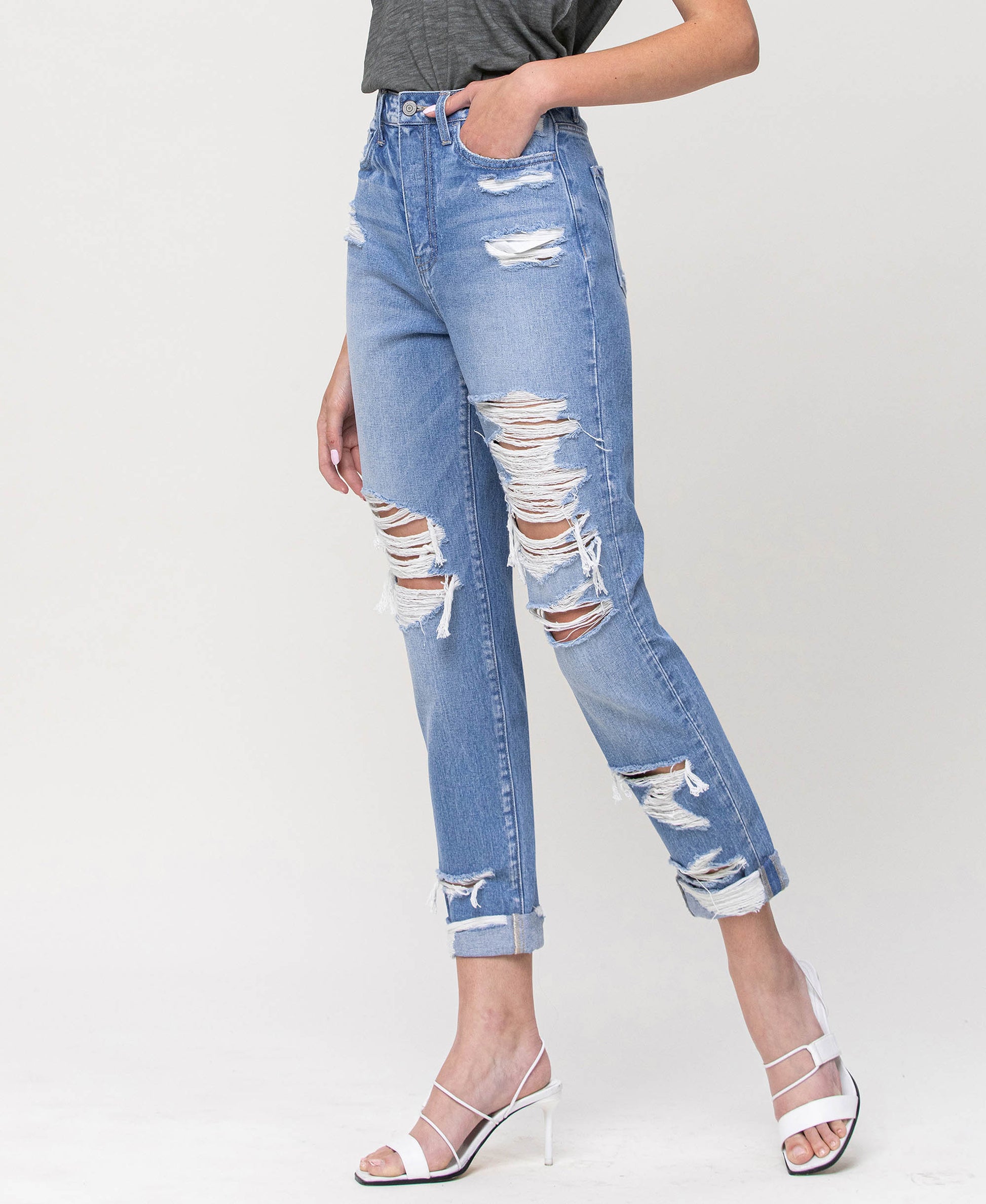 Left 45 degrees product image of Elastic Blue - Distressed 90's Vintage Rigid Boyfriend Jean