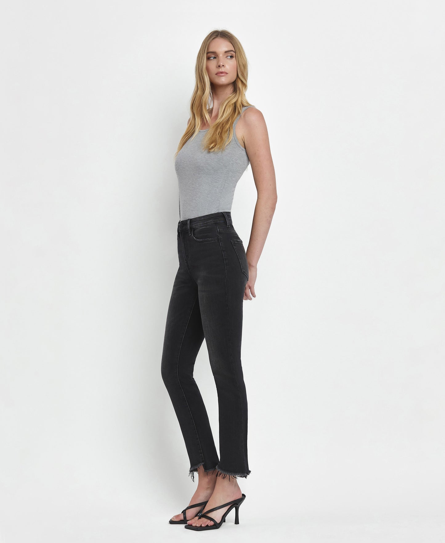 Left 45 degrees product image of Delta Dawn - High Rise Slim Straight Crop Uneven Hem Jeans
