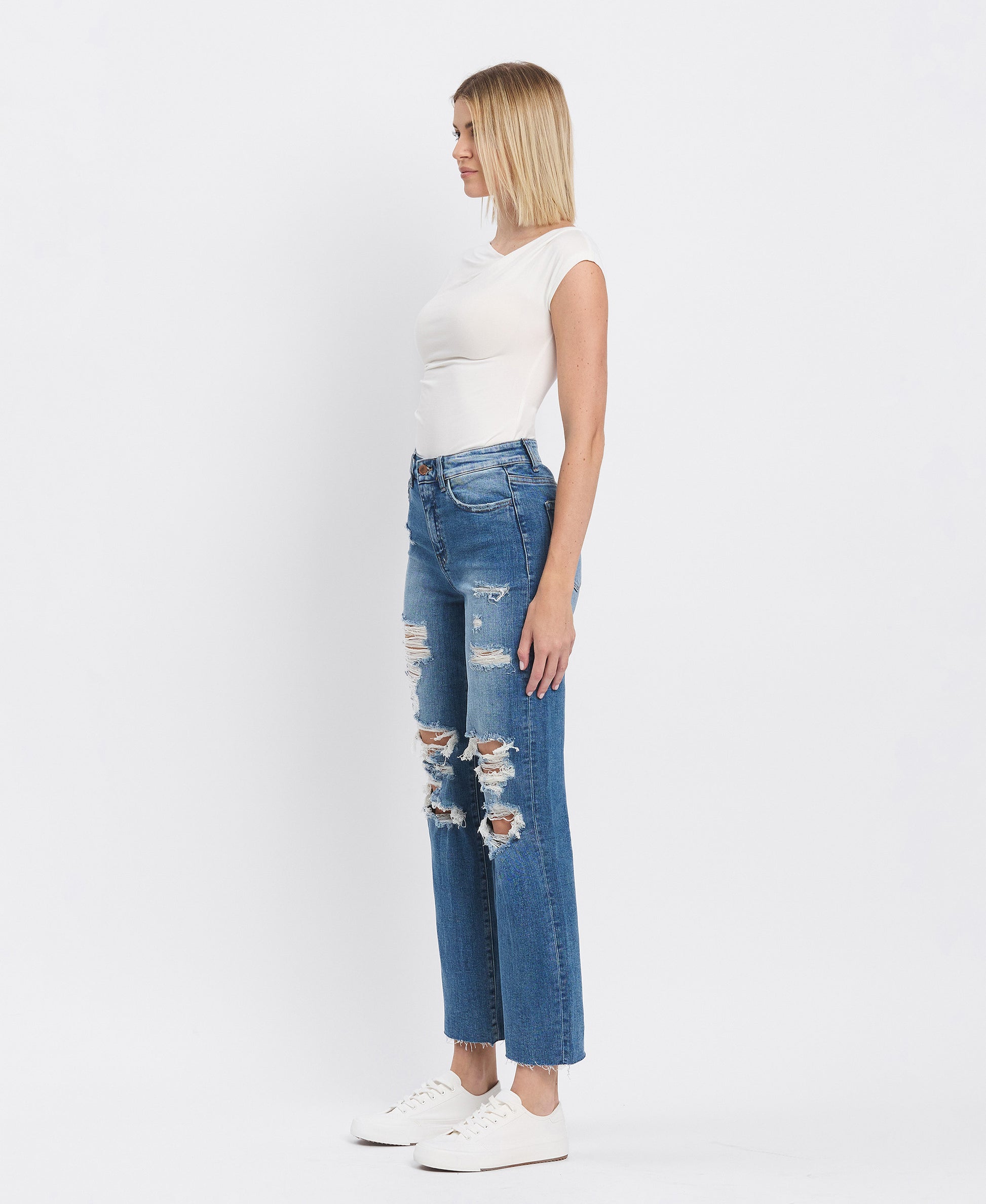 Left 45 degrees product image of Congratulations - Distressed High Rise Ankle Straight Jeans
