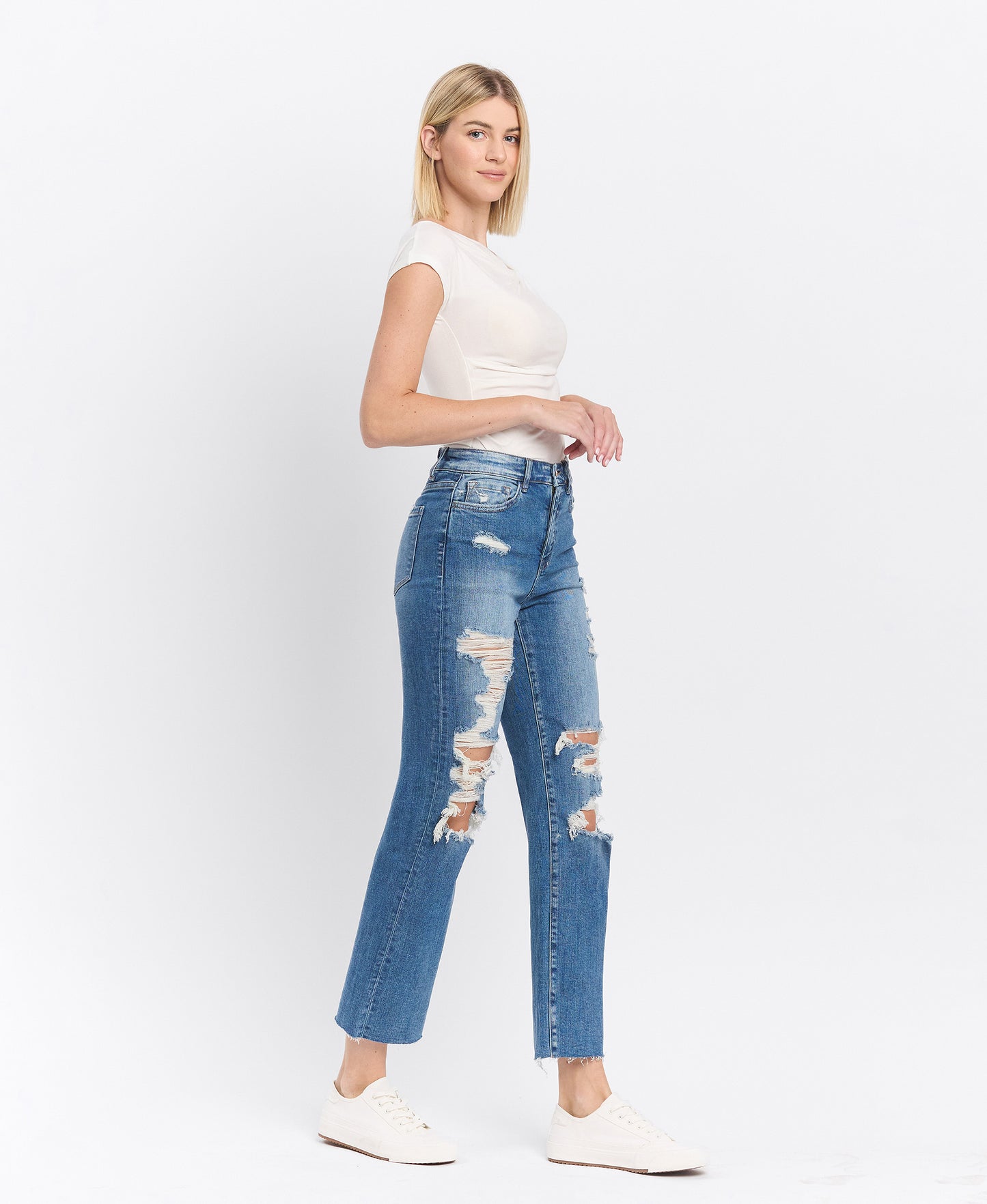 Right 45 degrees product image of Congratulations - Distressed High Rise Ankle Straight Jeans
