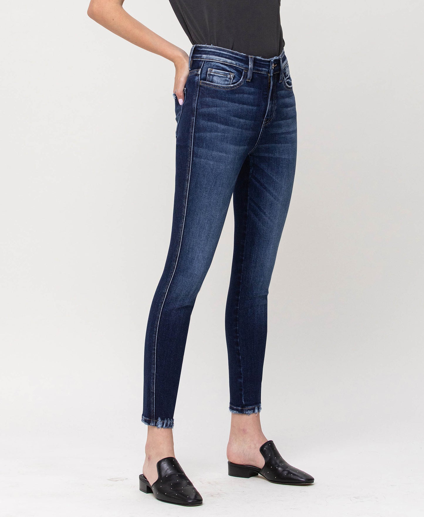 Right 45 degrees product image of Catch the Breeze - High Rise Forward Outseam Crop Skinny Jeans