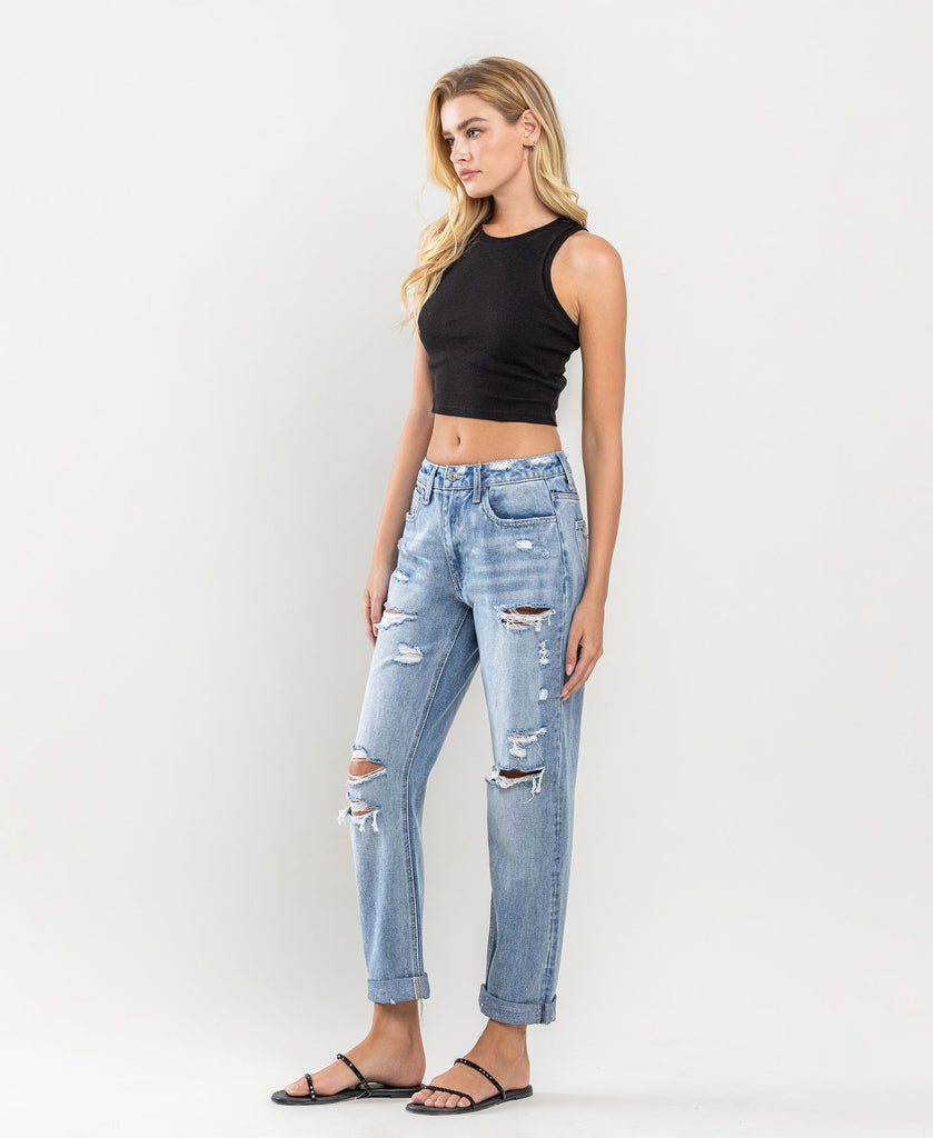 Left 45 degrees product image of Worn Blue - Rolled Up Rigid Boyfriend Jeans