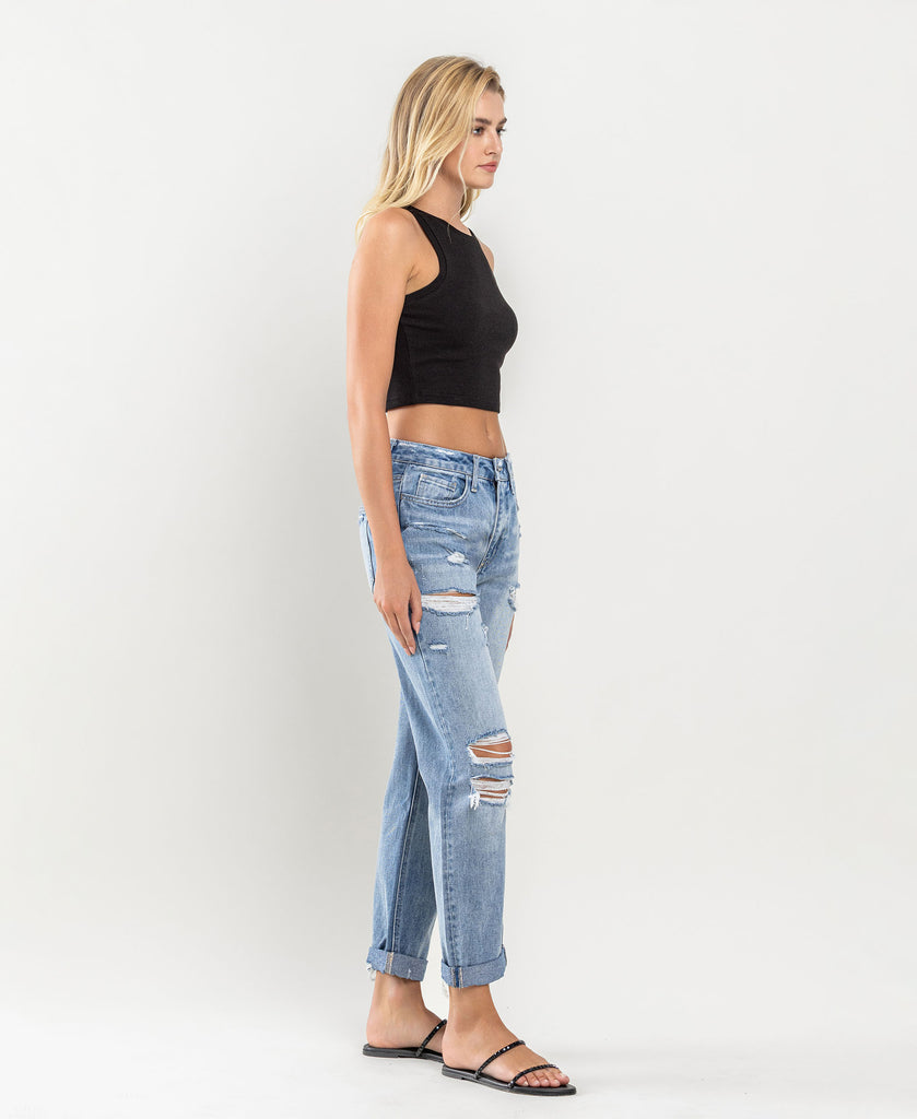 Right 45 degrees product image of Worn Blue - Rolled Up Rigid Boyfriend Jeans