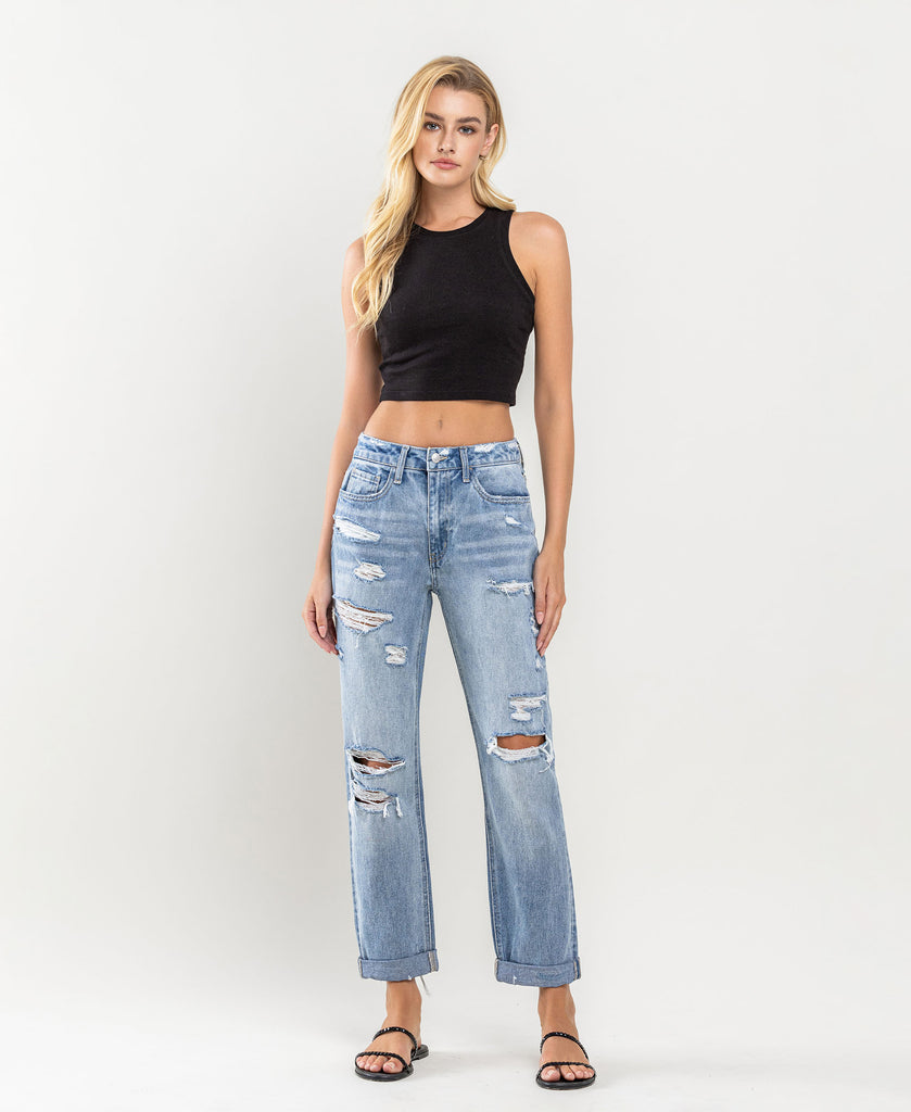 Front product images of Worn Blue - Rolled Up Rigid Boyfriend Jeans