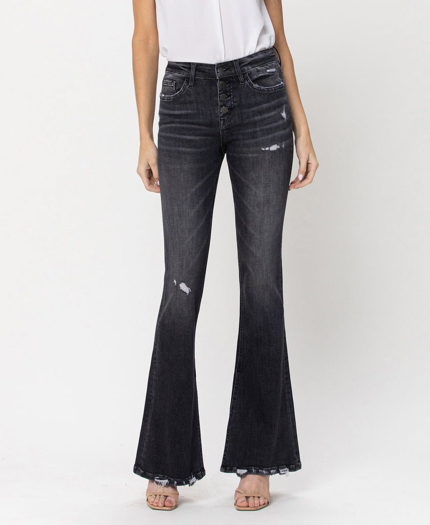 Front product images of Wind Snap - Mid Rise Flare Jeans W Exposed Button Fly & Slit Detail