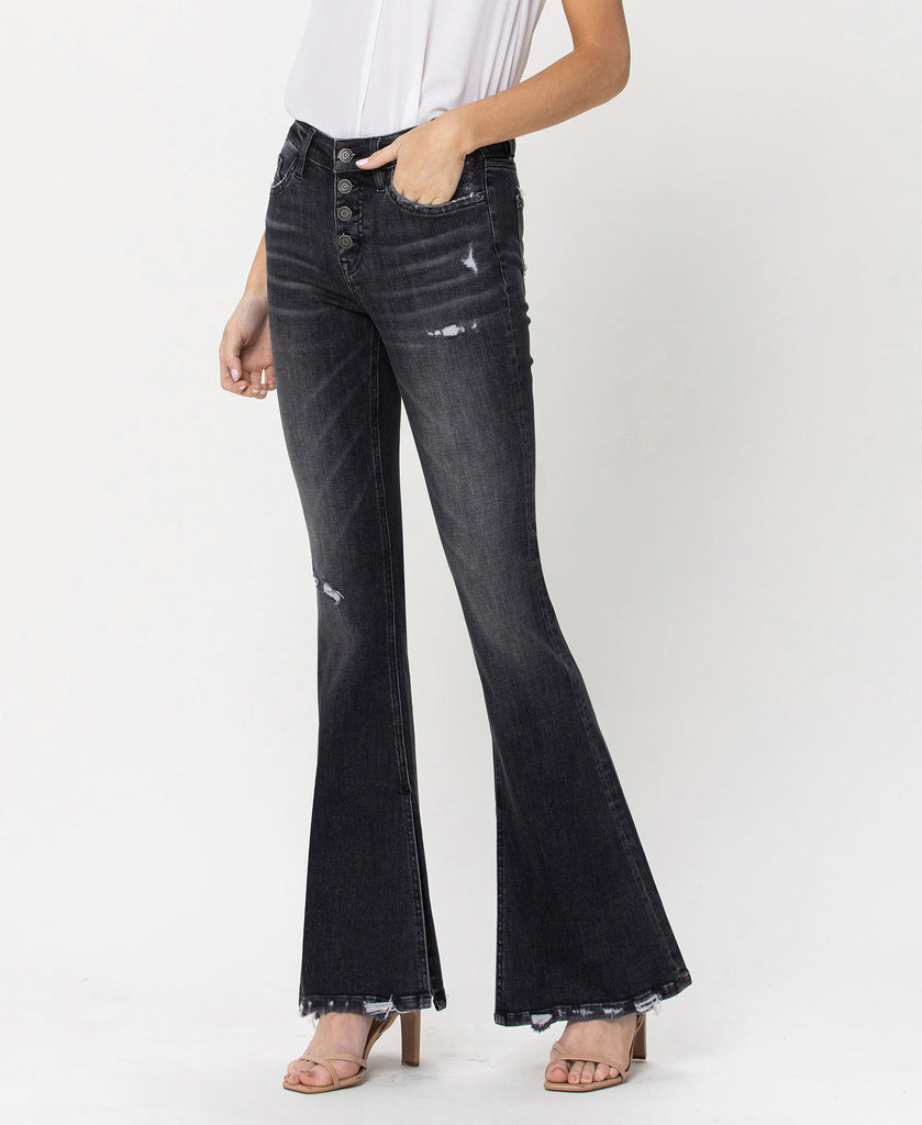 Left 45 degrees product image of Wind Snap - Mid Rise Flare Jeans W Exposed Button Fly & Slit Detail