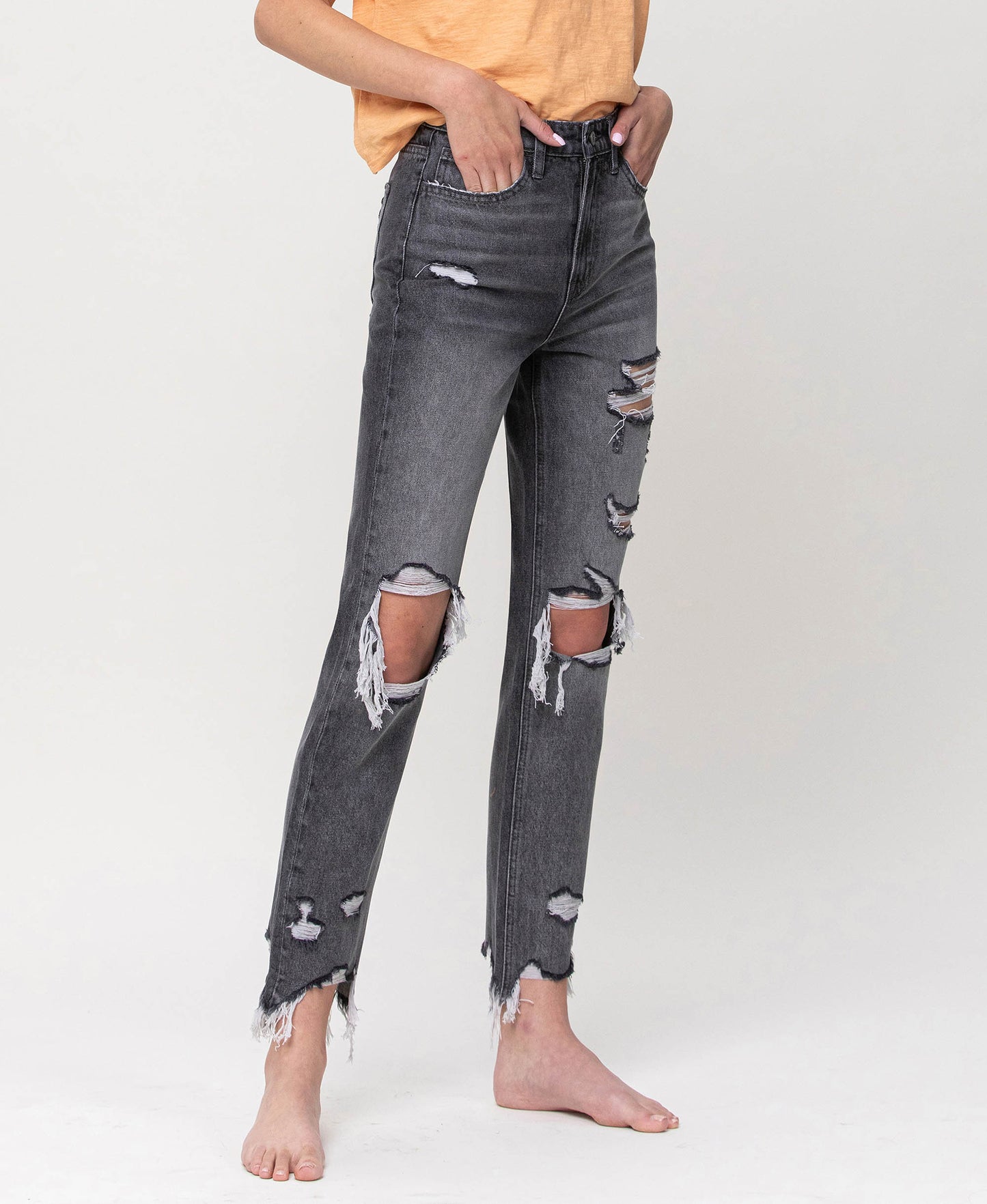Right 45 degrees product image of Saltwater - Distressed Super High Rise Straight Ankle Jeans