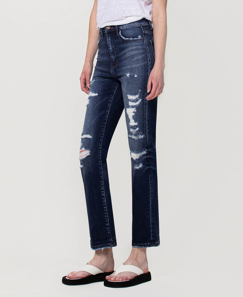 Left 45 degrees product image of Yoko - Distressed Super High Rise Straight Jeans