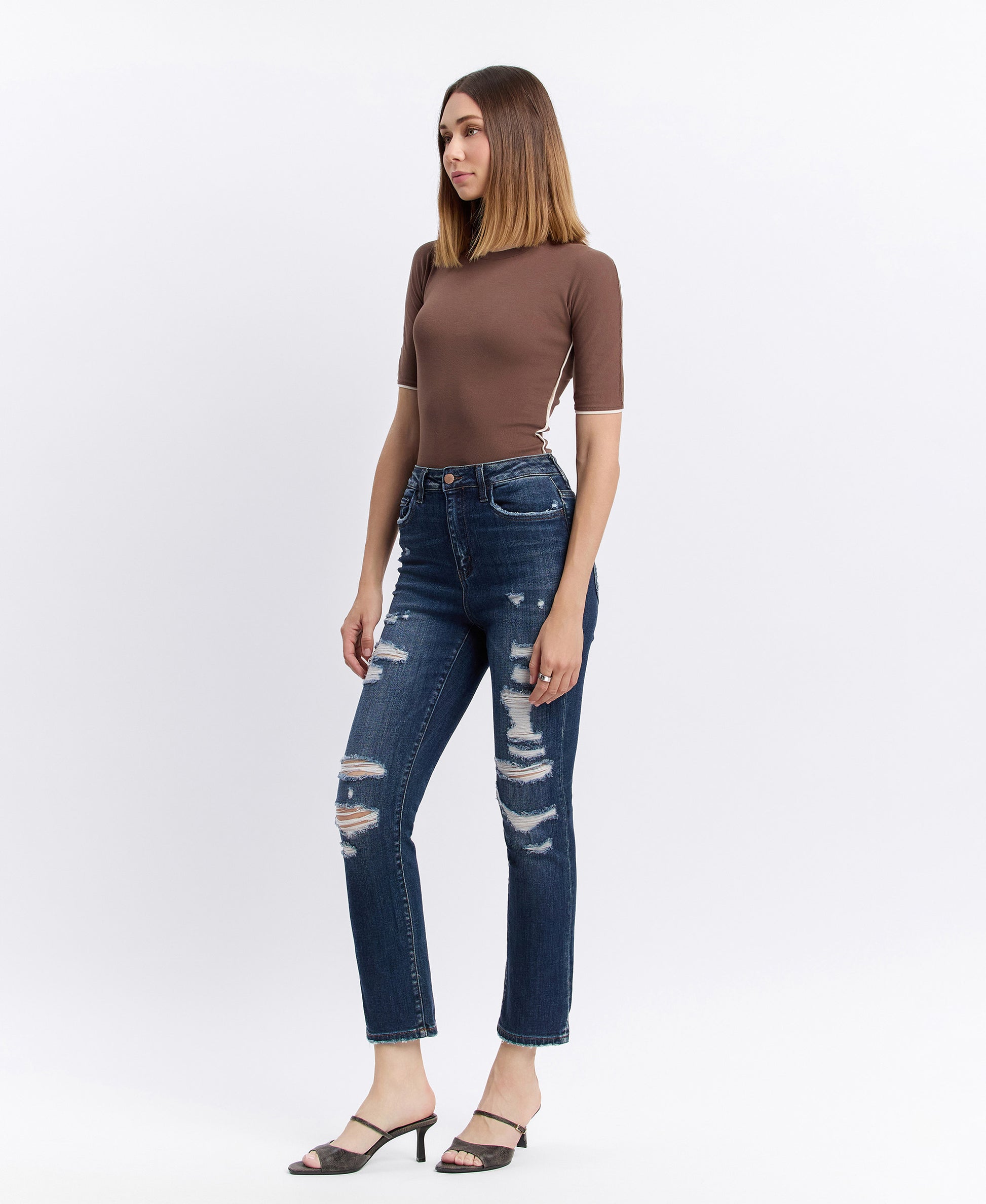Left 45 degrees product image of Yoko - Distressed Super High Rise Straight Jeans
