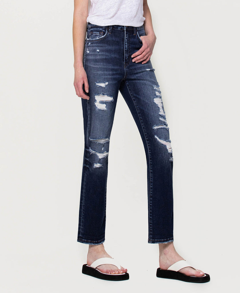 Right 45 degrees product image of Yoko - Distressed Super High Rise Straight Jeans