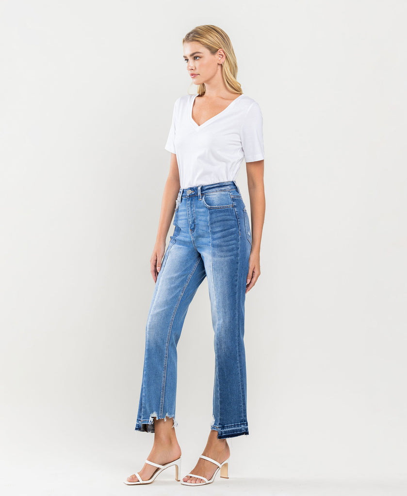 Left 45 degrees product image of The Spring Of Line - Super High Rise Crop Straight Jeans with Contrast and Uneven Panel and Hem Detail