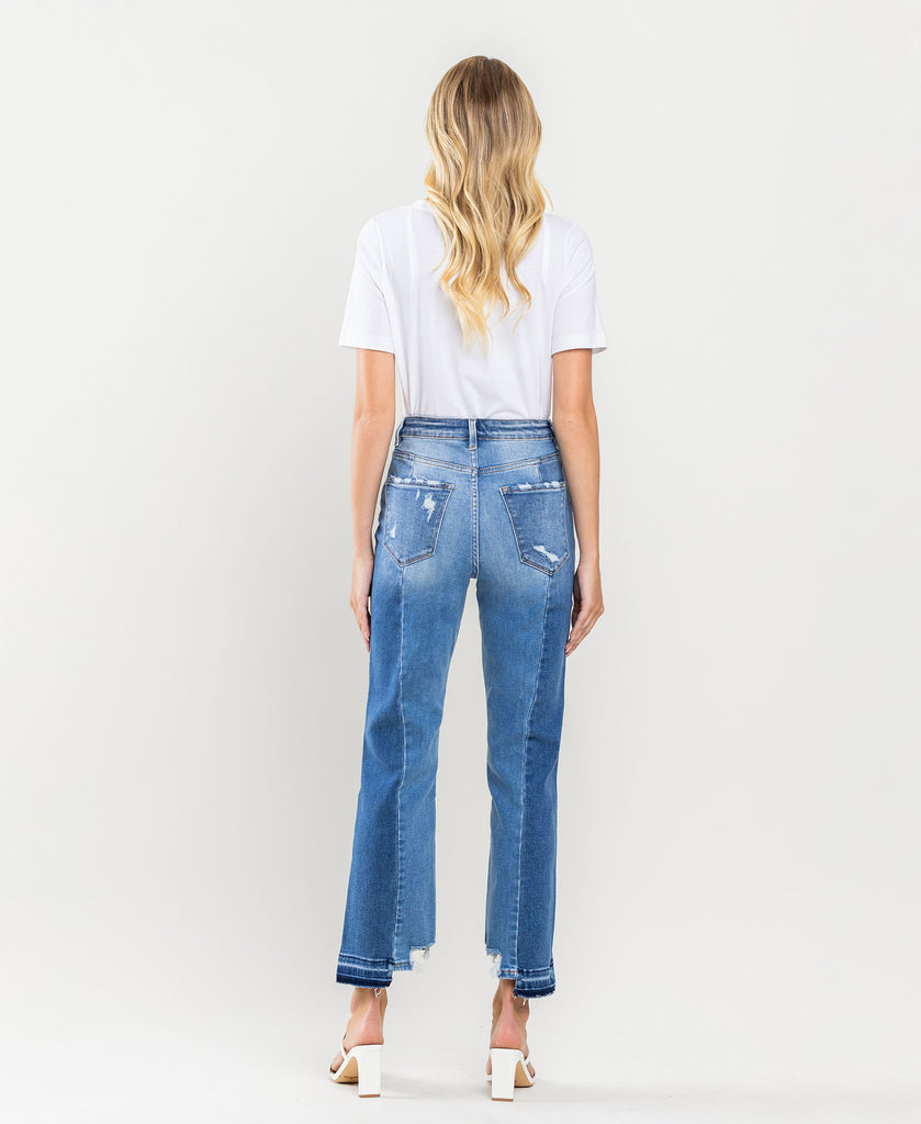 Back product images of The Spring Of Line - Super High Rise Crop Straight Jeans with Contrast and Uneven Panel and Hem Detail