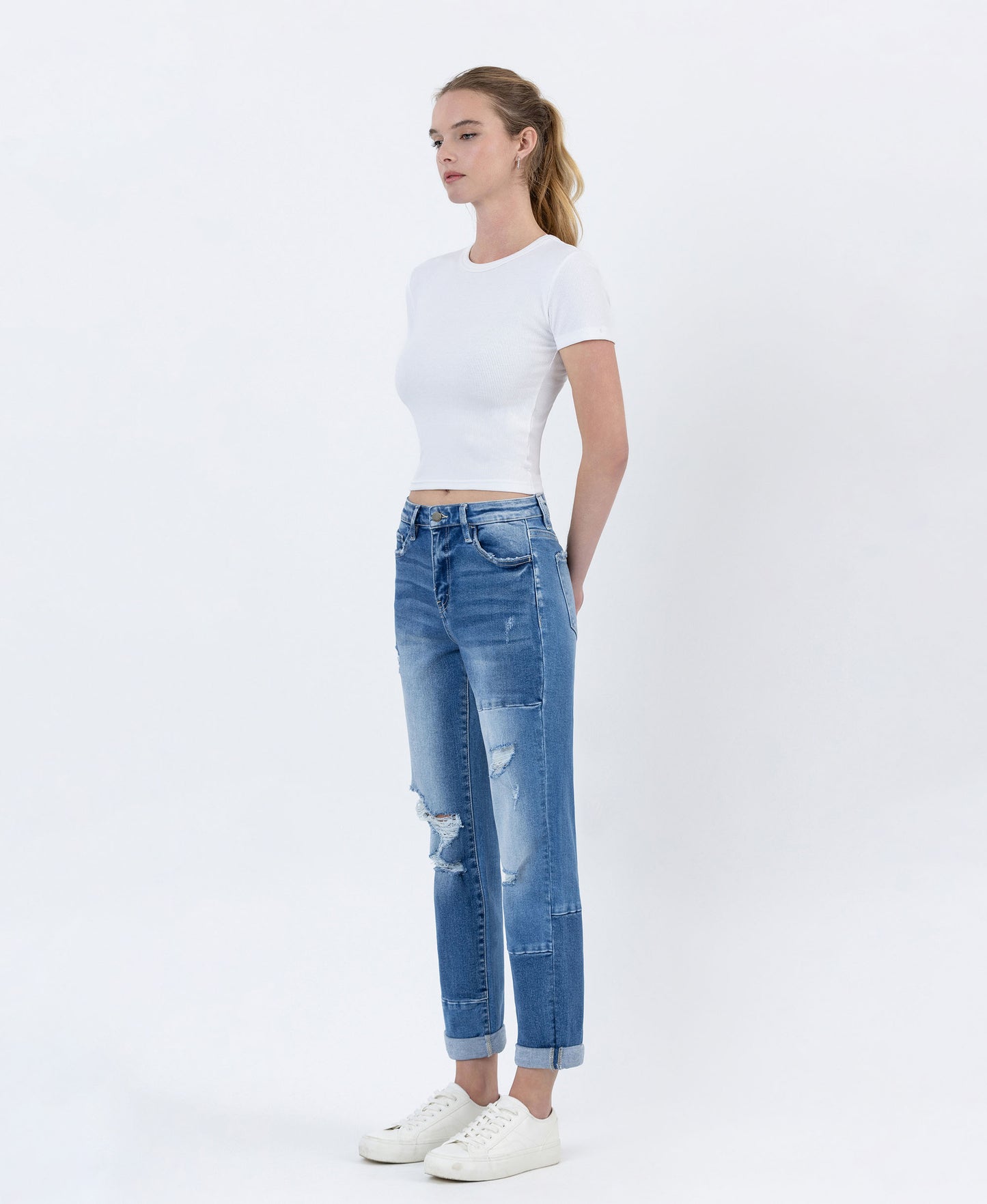 Left 45 degrees product image of Diligent - High Rise Color Block Cuffed Boyfriend Jeans