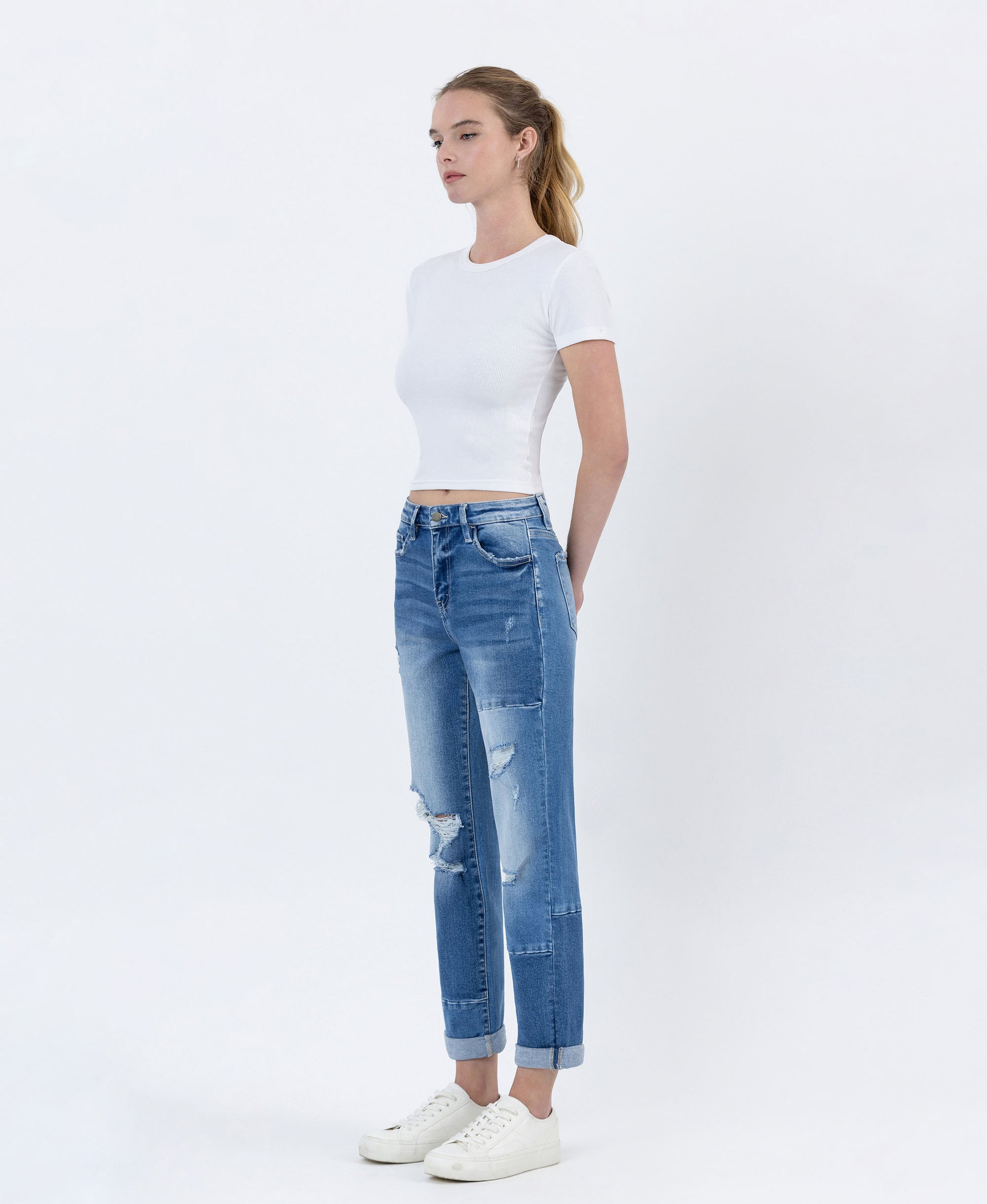 Left 45 degrees product image of Diligent - High Rise Color Block Cuffed Boyfriend Jeans