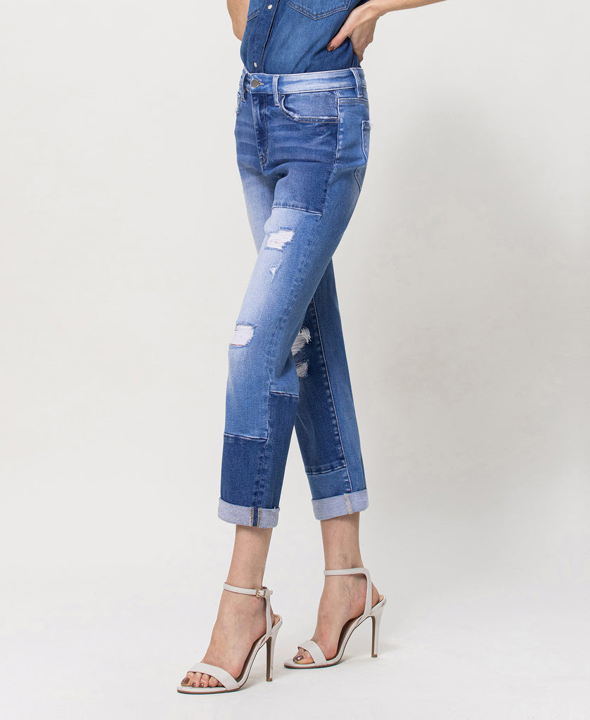 Left side product images of Diligent - Stretch Boyfriend Jeans with Color Blocking and Rolled Cuff
