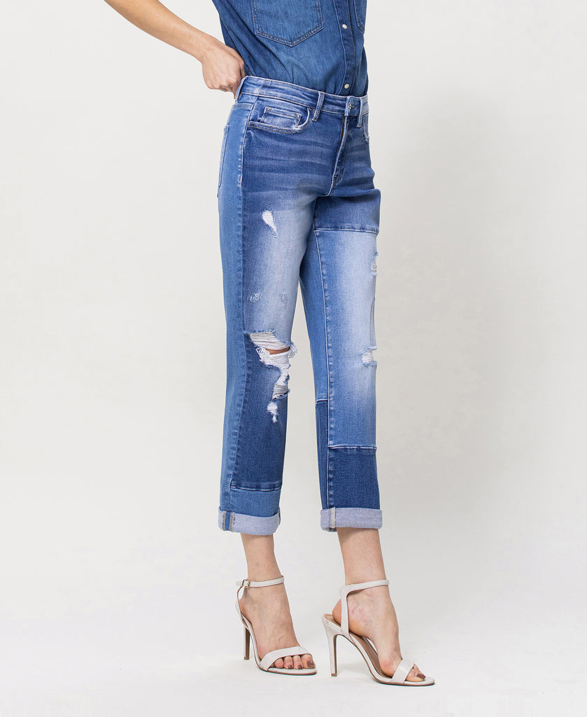 Right 45 degrees product image of Diligent - Stretch Boyfriend Jeans with Color Blocking and Rolled Cuff
