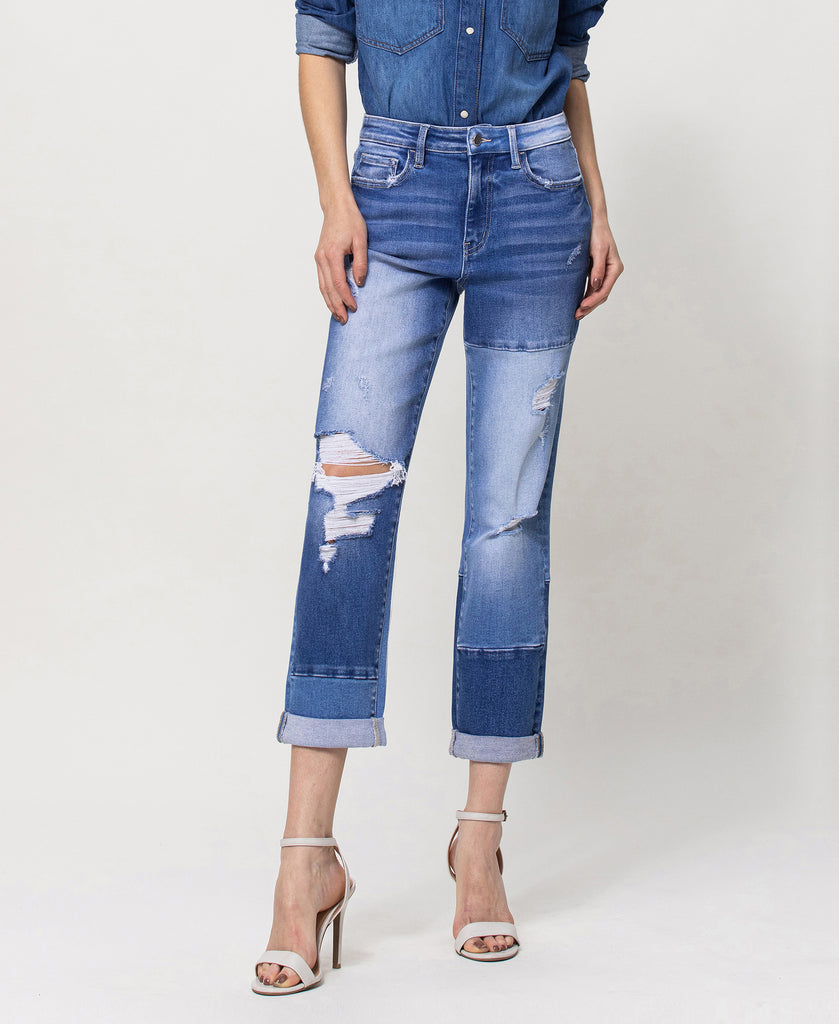 Front product images of Diligent - Stretch Boyfriend Jeans with Color Blocking and Rolled Cuff