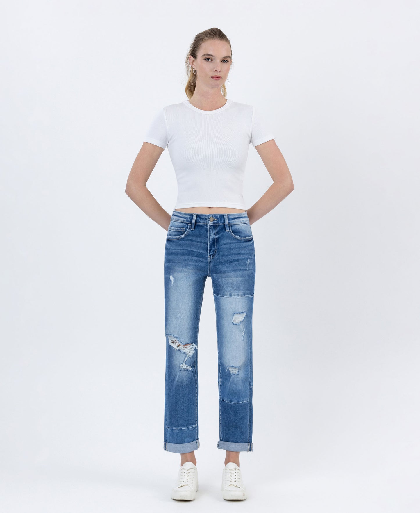 Front product images of Diligent - High Rise Color Block Cuffed Boyfriend Jeans