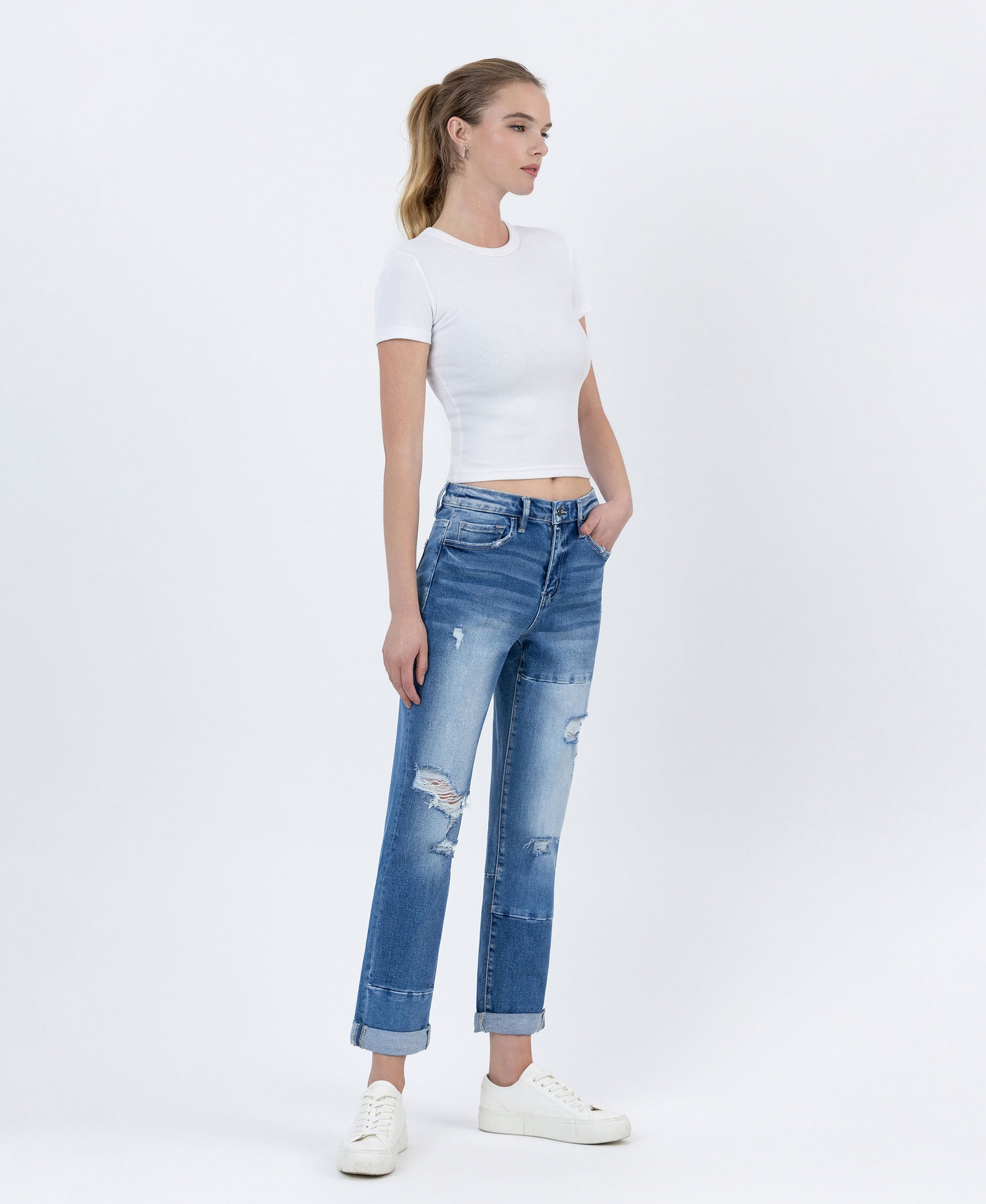 Right 45 degrees product image of Diligent - High Rise Color Block Cuffed Boyfriend Jeans