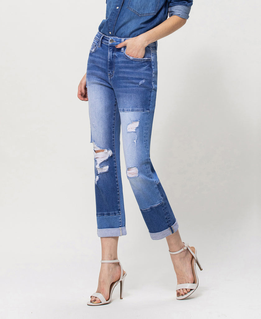 Left 45 degrees product image of Diligent - Stretch Boyfriend Jeans with Color Blocking and Rolled Cuff