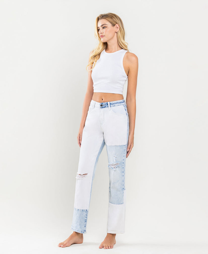 Left 45 degrees product image of Outrageous - Stretch Boyfriend Jean with Color Blocking and Rolled Cuff