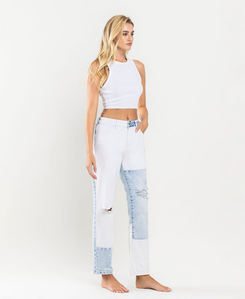 Right 45 degrees product image of Outrageous - Outrageous - Stretch Boyfriend Jean with Color Blocking and Rolled Cuff