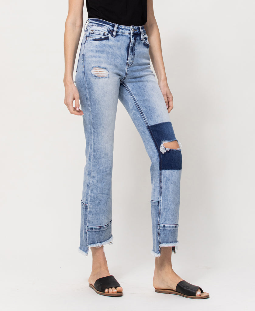 Right 45 degrees product image of The Pond - High Rise Ankle Flare Jeans with Contrast Panels and Step Hem