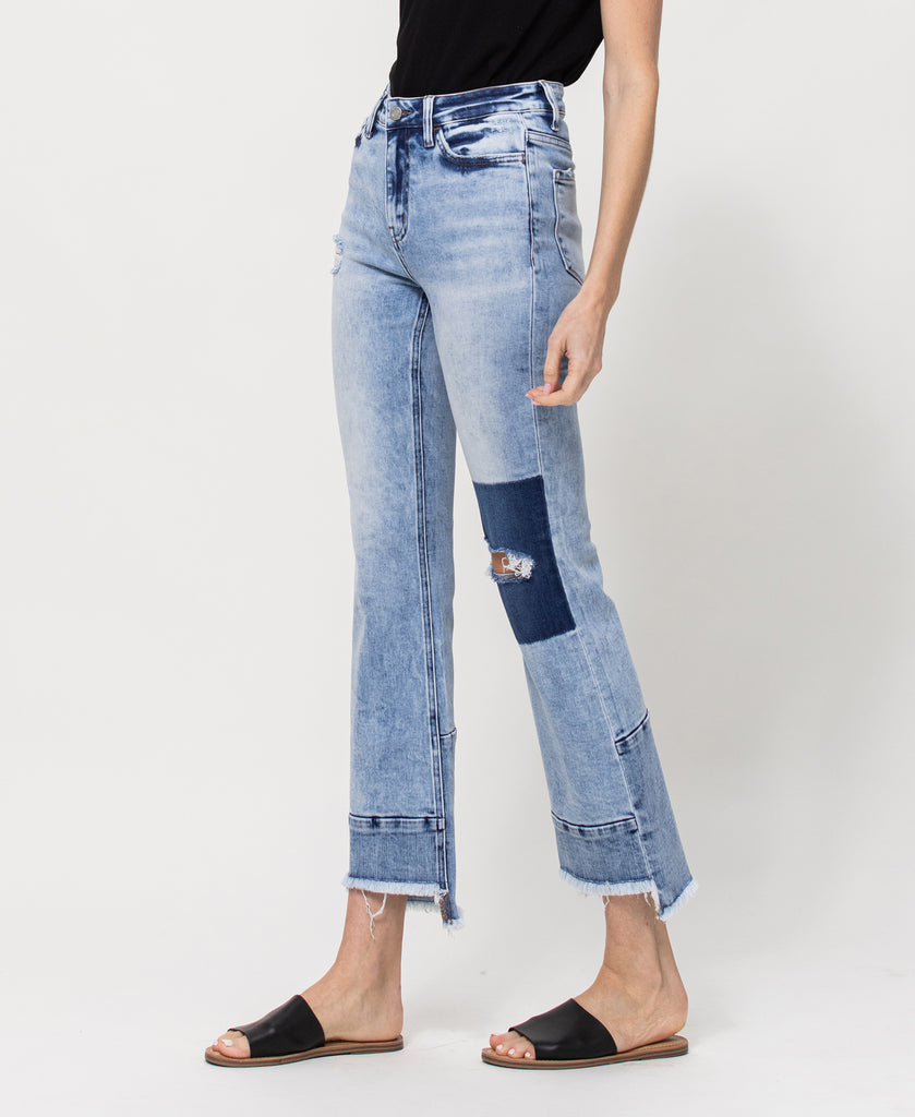 Left 45 degrees product image of The Pond - High Rise Ankle Flare Jeans with Contrast Panels and Step Hem
