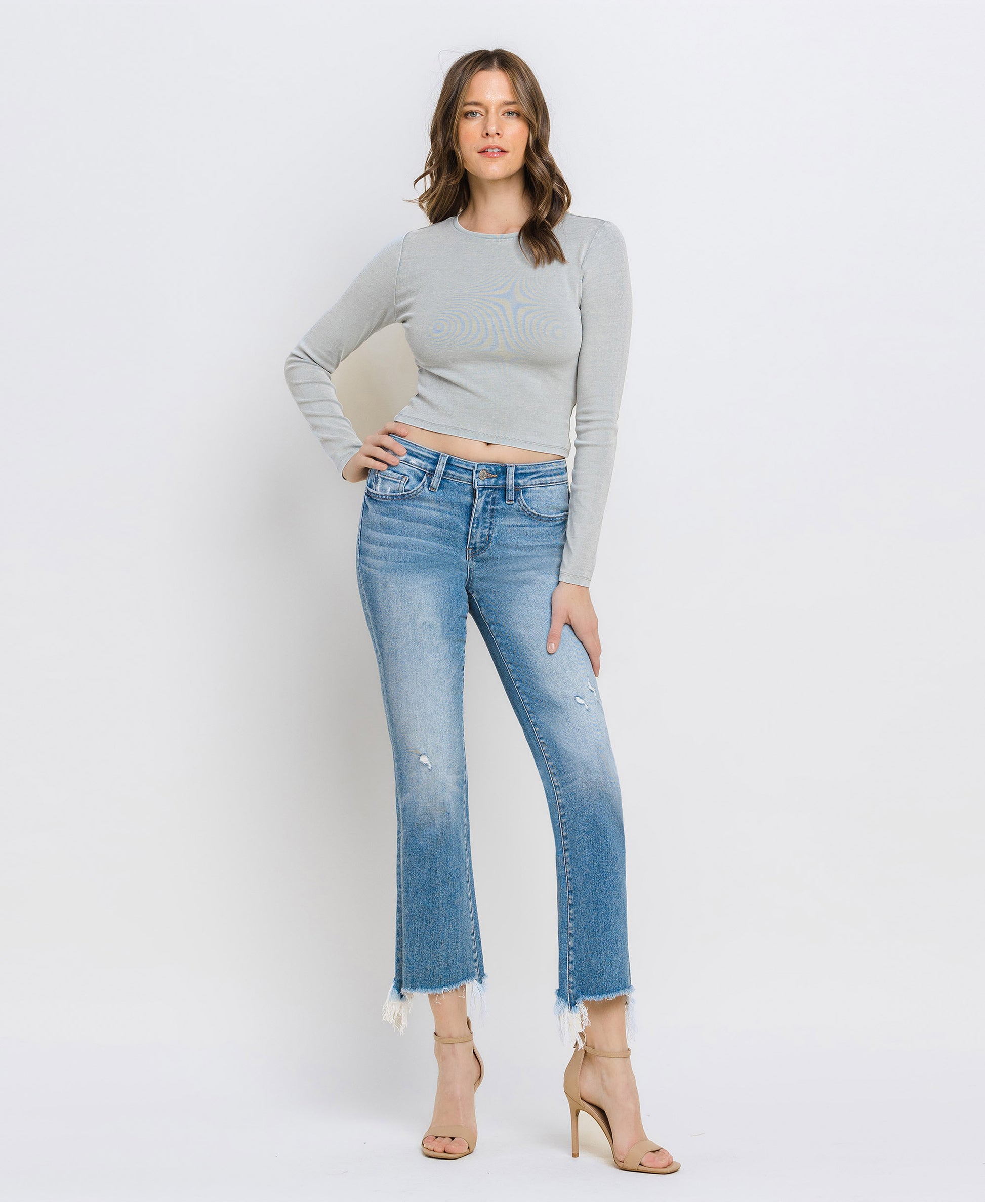 Front product images of Sunrise - Mid Rise Frayed Hem Ankle Bootcut Jeans