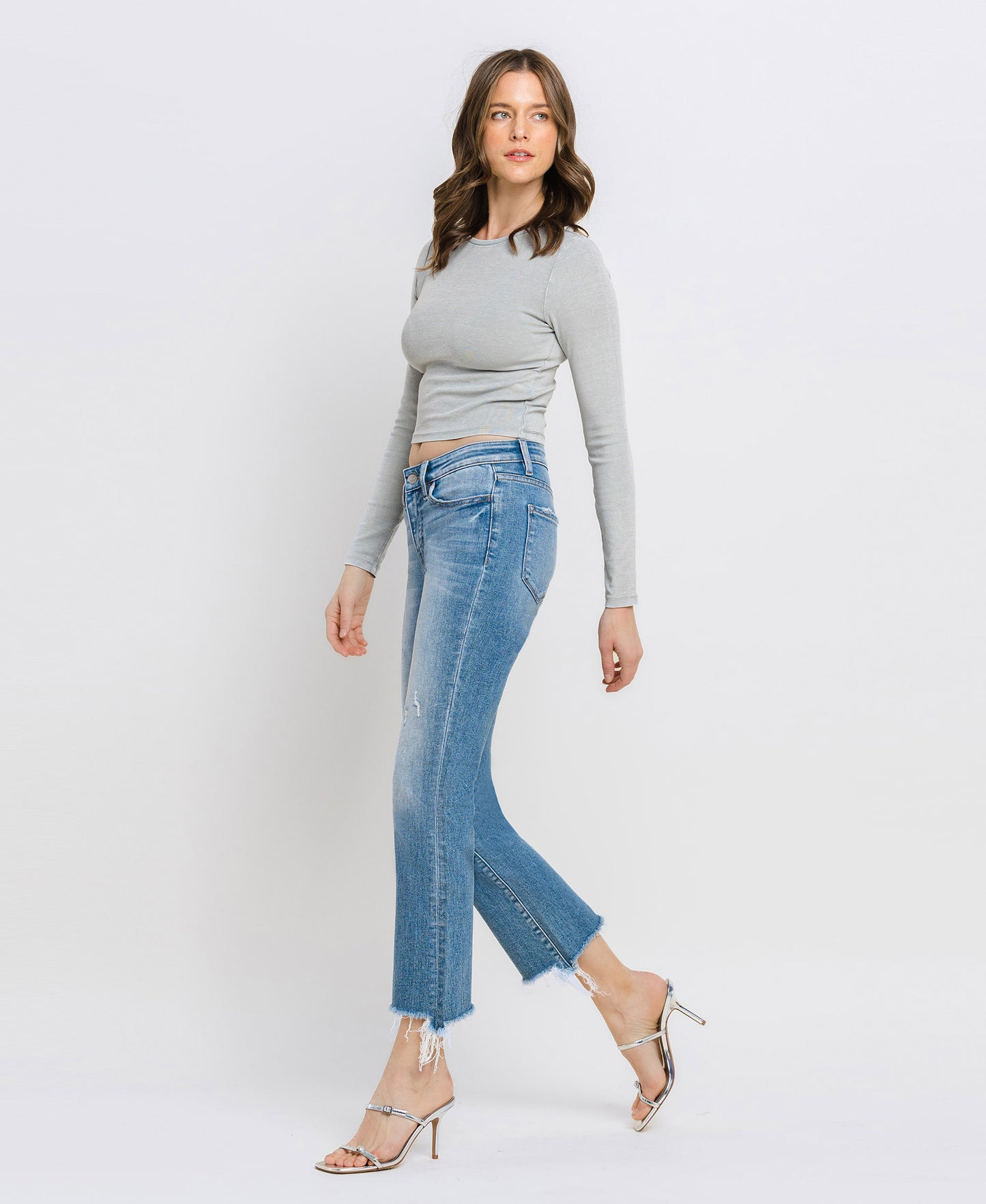 Left 45 degrees product image of Sunrise - Mid Rise Frayed Hem Ankle Bootcut Jeans