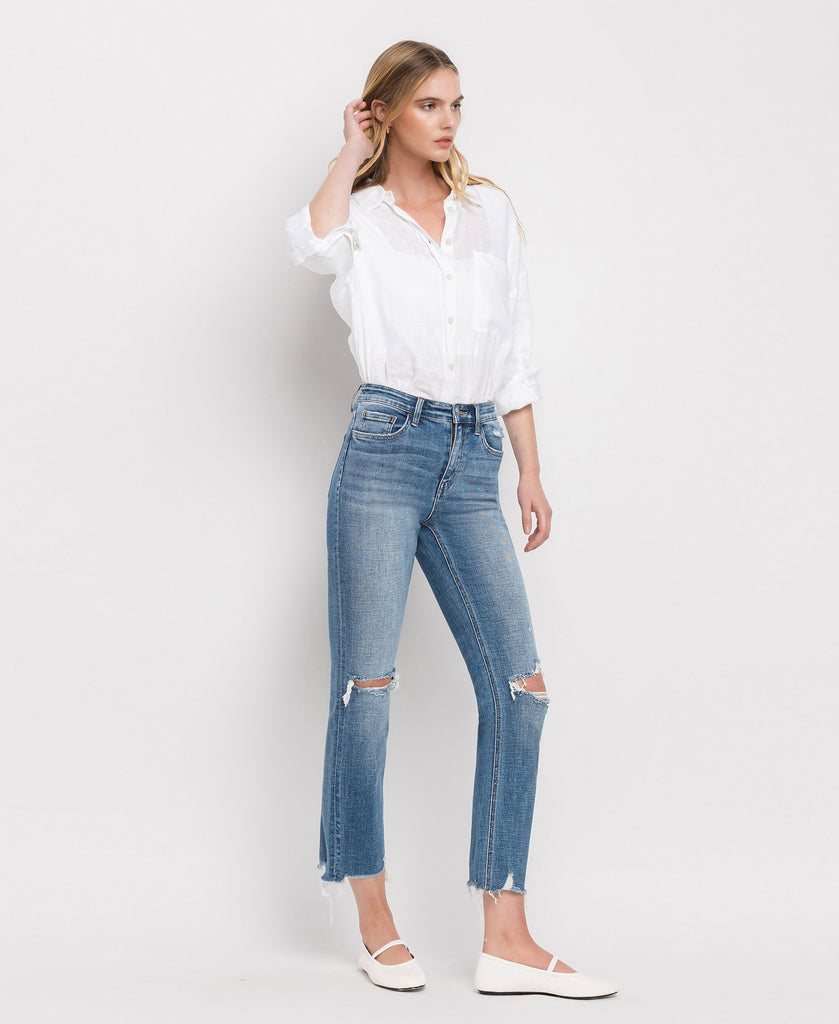 Right 45 degrees product image of Holly - High Rise Distressed Hem Ankle Slim Straight Jeans