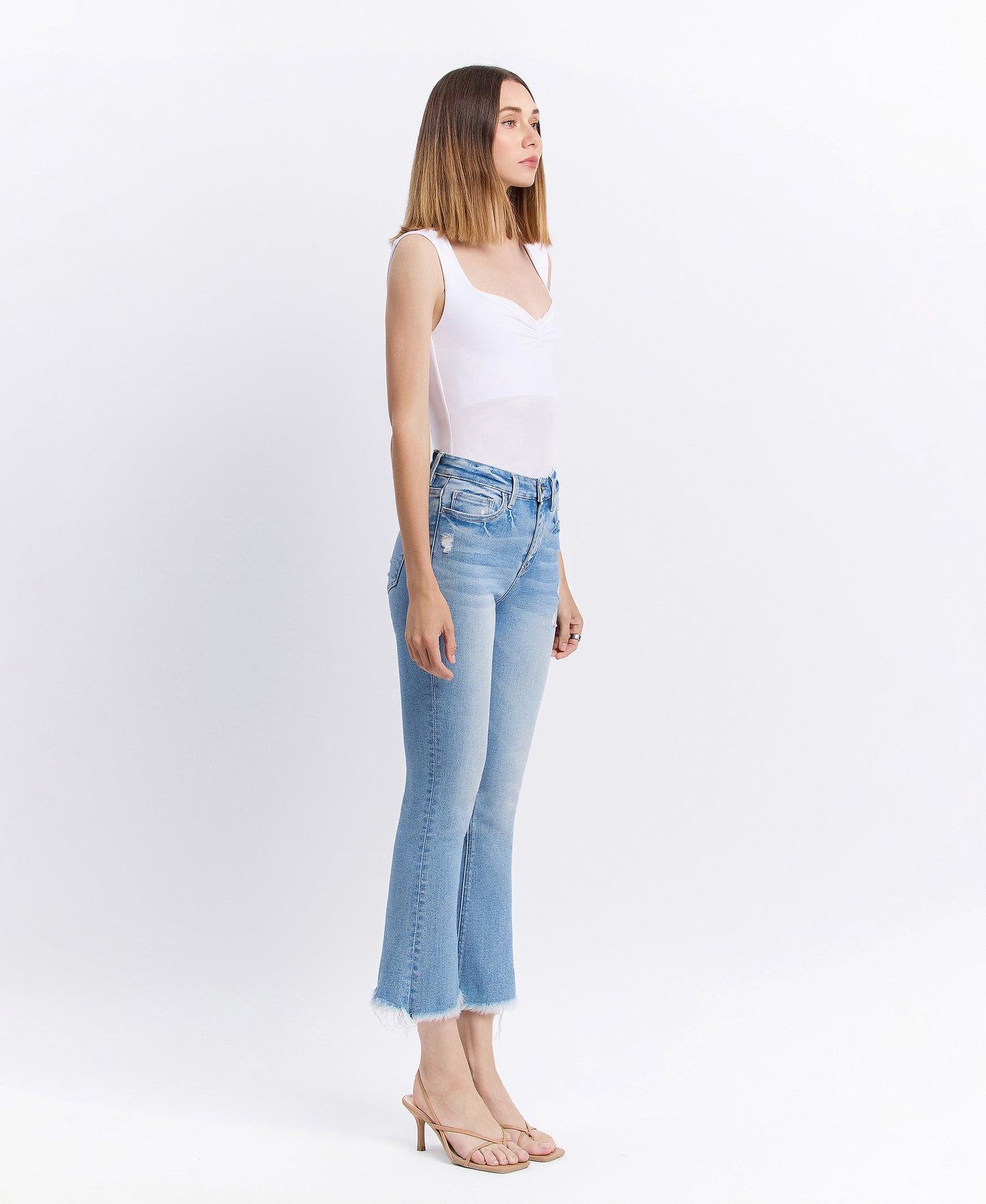 right 45 degrees product image of Beckons - High Rise Raw Hem Kick Flare Jeans