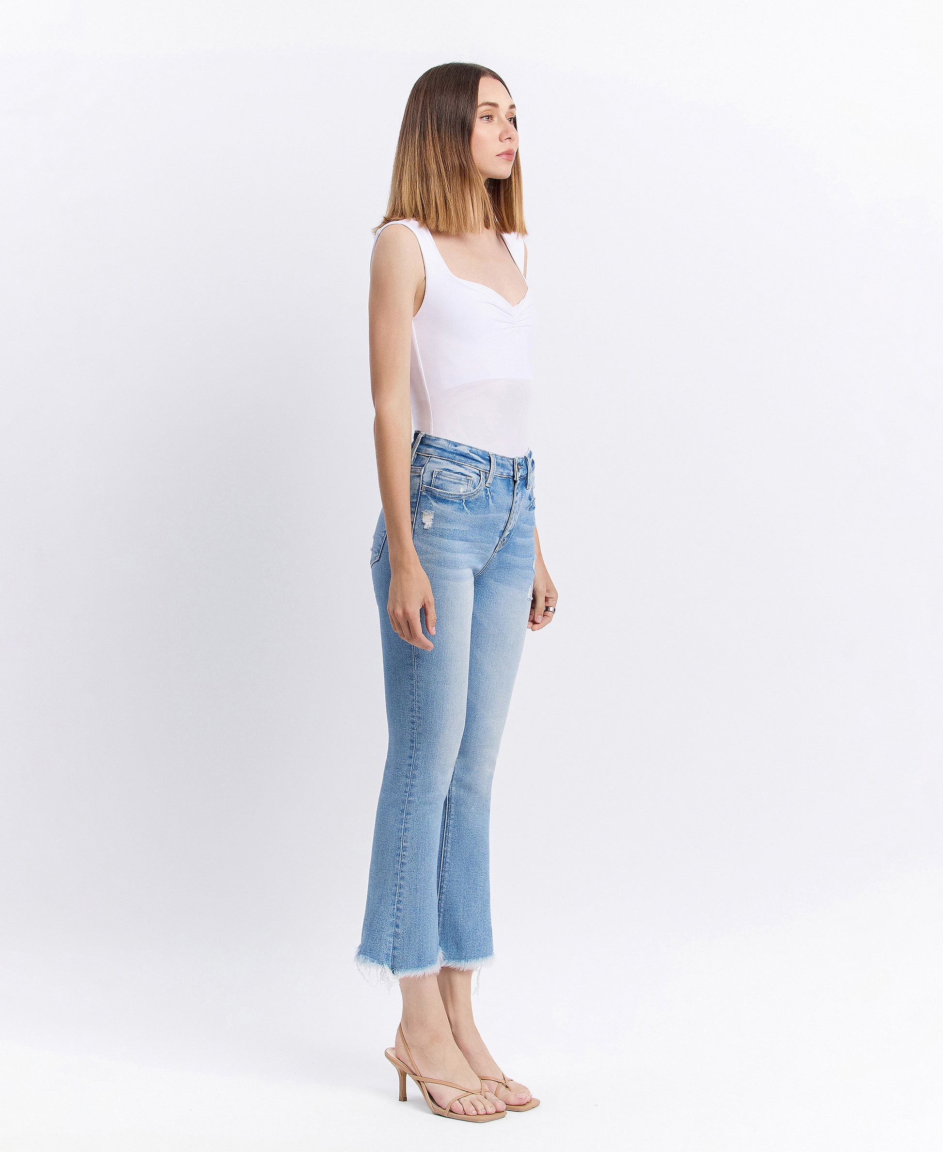 right 45 degrees product image of Beckons - High Rise Raw Hem Kick Flare Jeans