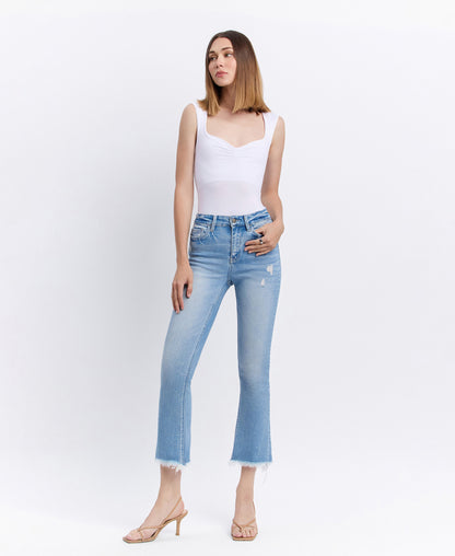 Front product images of Beckons - High Rise Raw Hem Kick Flare Jeans