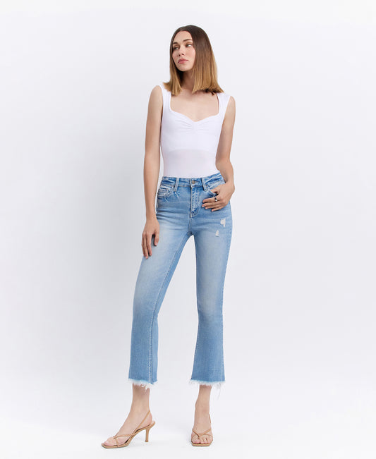 Front product images of Beckons - High Rise Raw Hem Kick Flare Jeans