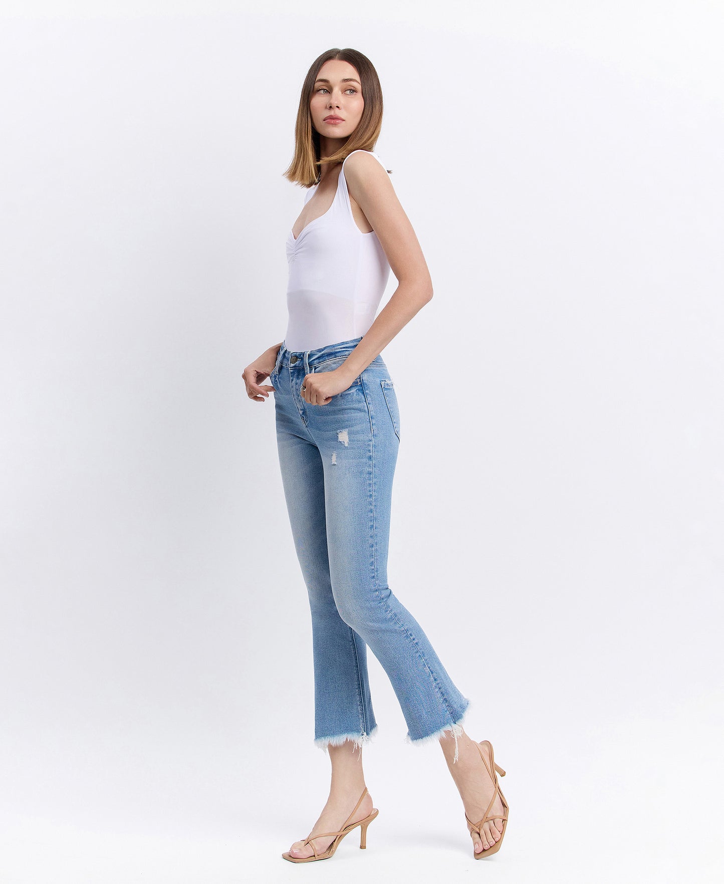 Left 45 degrees product image of Beckons - High Rise Raw Hem Kick Flare Jeans