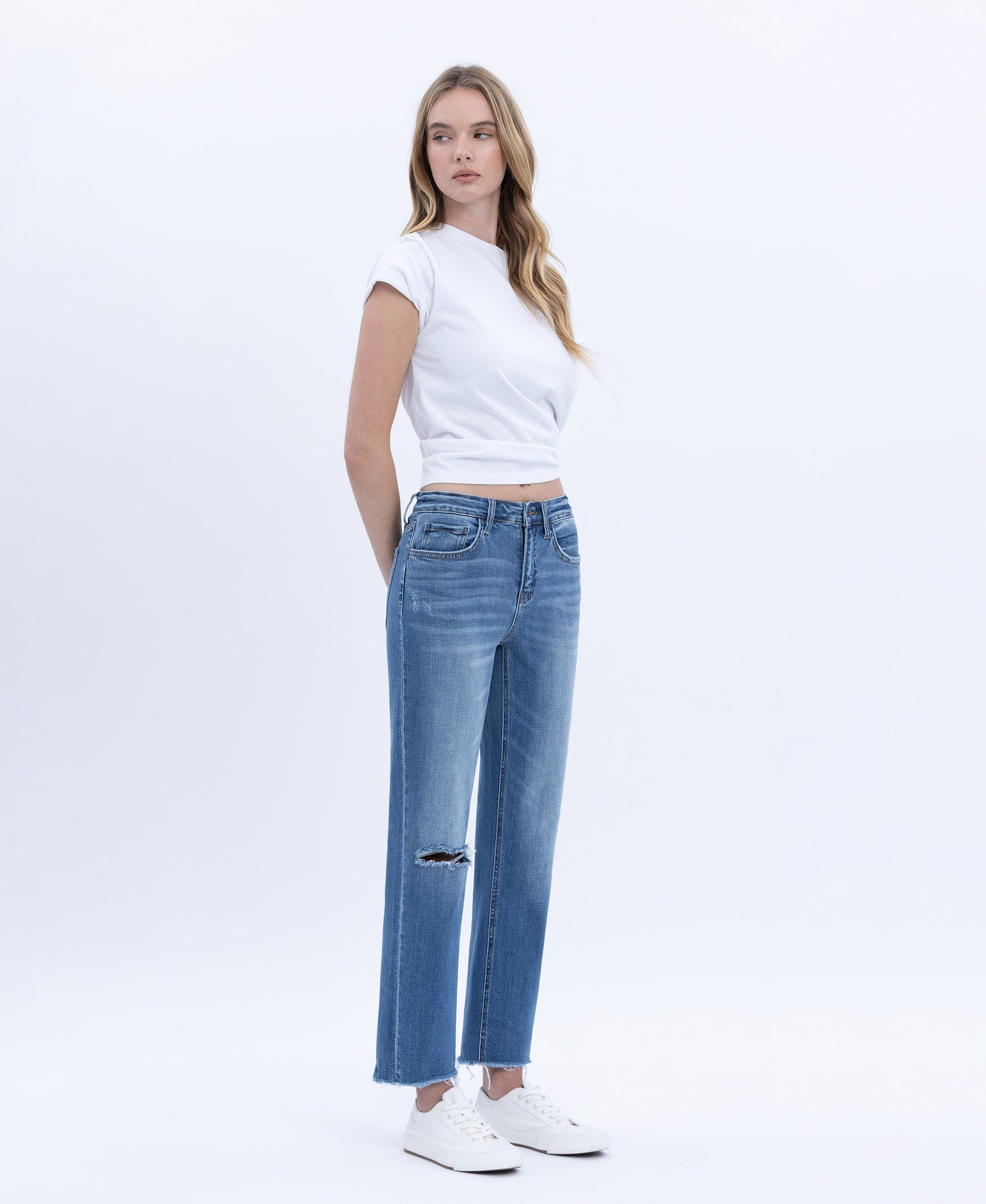 Right 45 degrees product image of Tranquility - Mid Rise Crop Straight Jeans