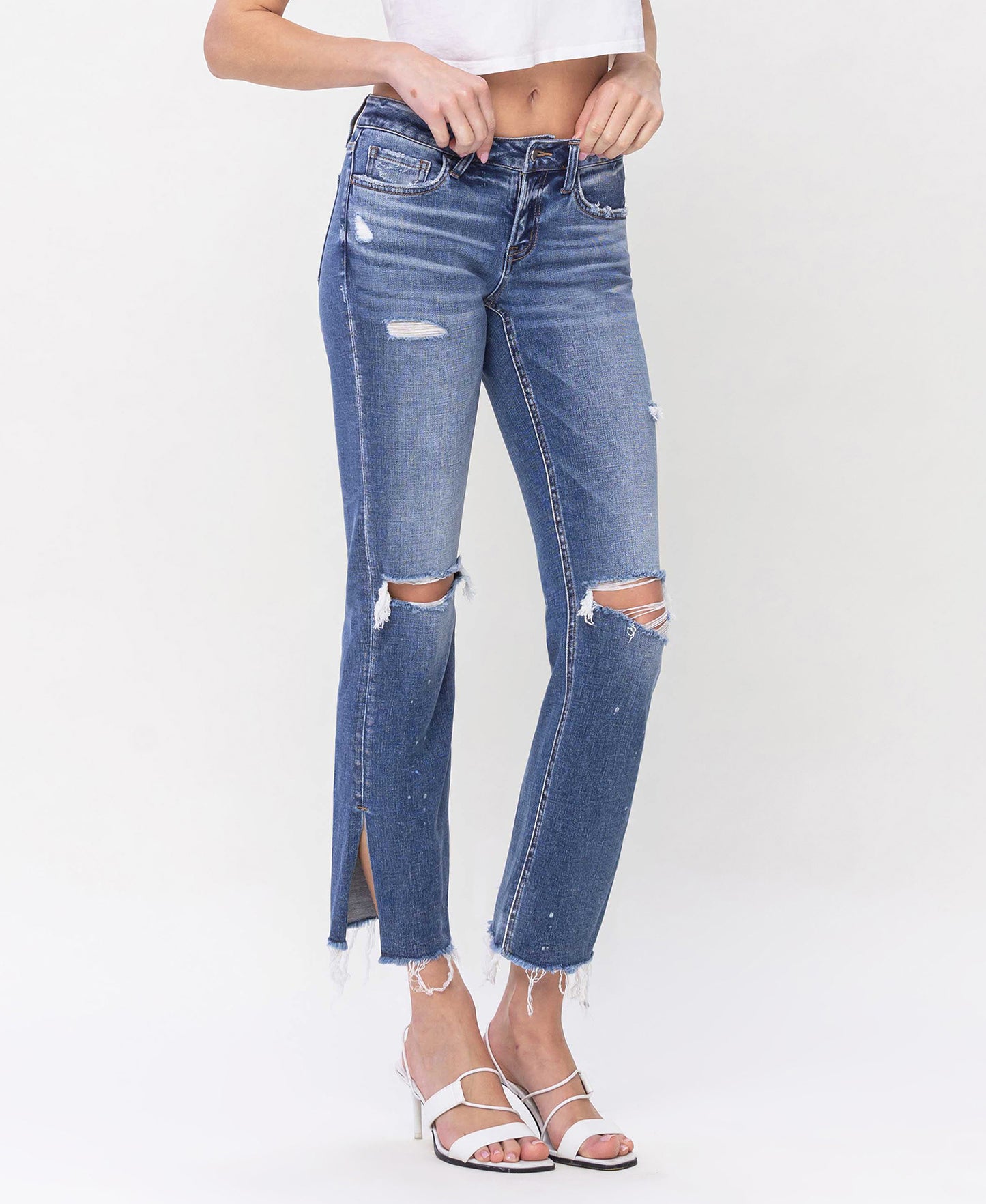 Right 45 degrees product image of Novelty - Low Rise Distressed Split Hem Straight Jeans