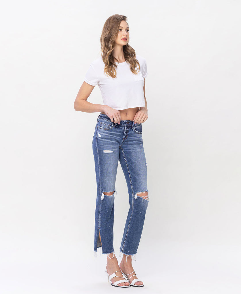 Right 45 degrees product image of Novelty - Low Rise Distress Speckle Split Hem Straight Jeans