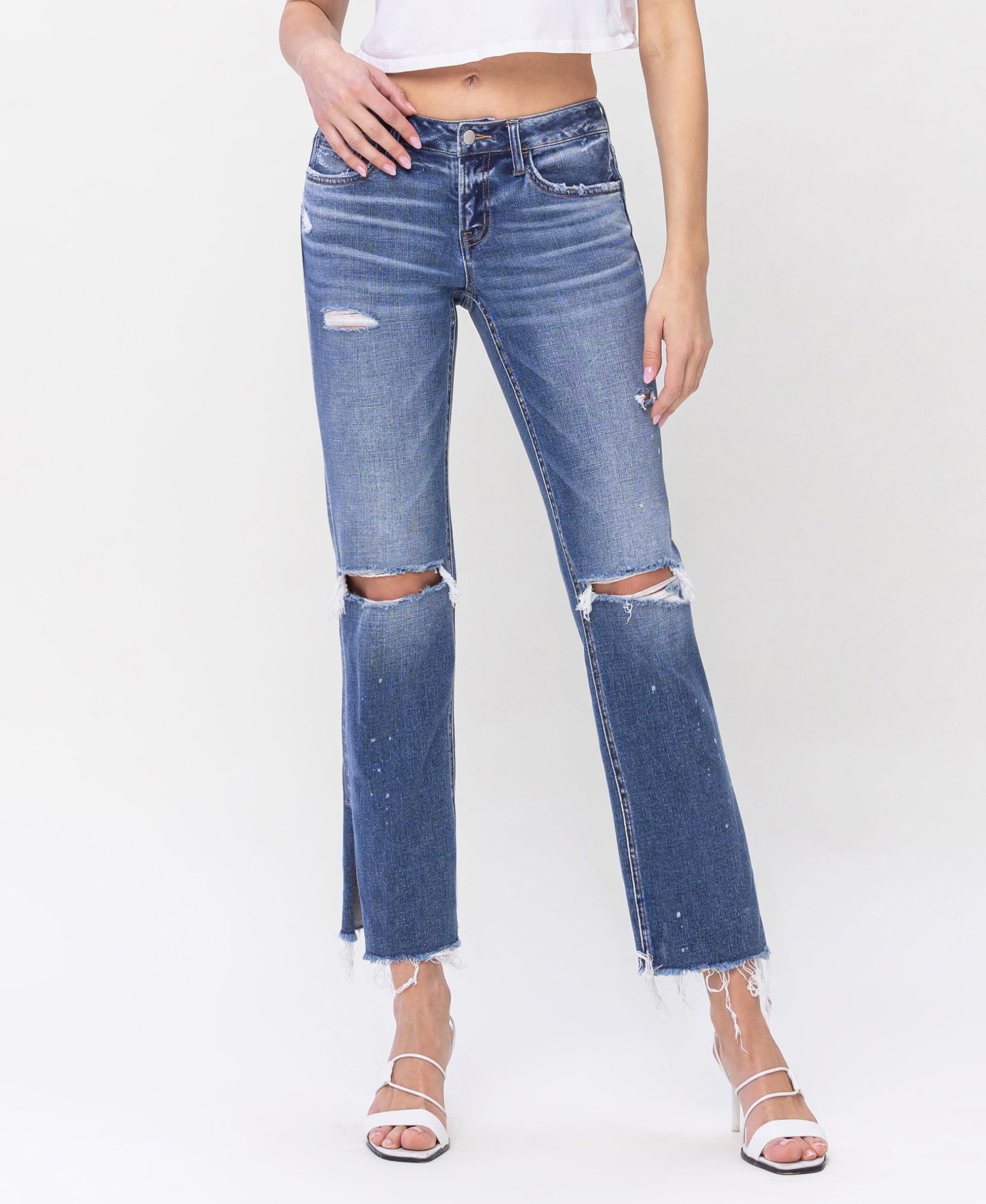 Front product images of Novelty - Low Rise Distressed Split Hem Straight Jeans