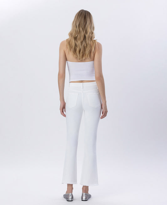 Back product images of Optic White - High Rise Raw Slant Step Hem Crop Flare Jeans