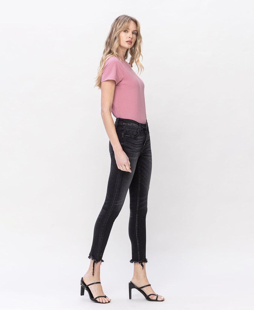 Right 45 degrees product image of Noteworthy - Mid Rise Crop Destroyed Hem Skinny Jeans
