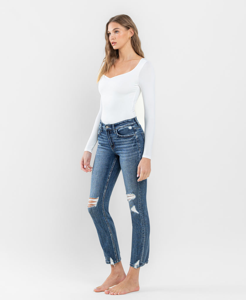 Left 45 degrees product image of Providence - Mid Rise Distressed Crop Slim Straight Jeans